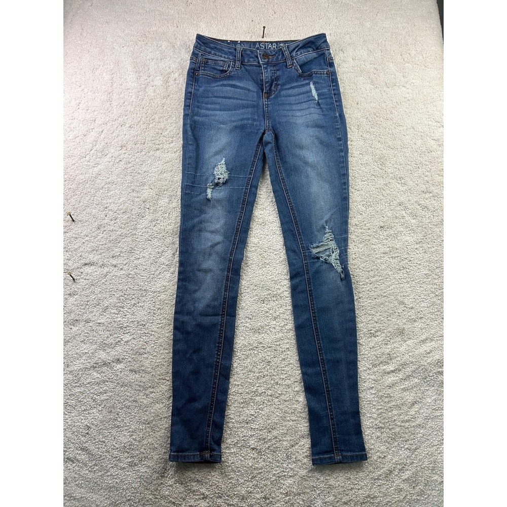 Vanilla Star Jeans Womens 1 Blue Mid Rise Skinny Distressed Stretch Denim Pants